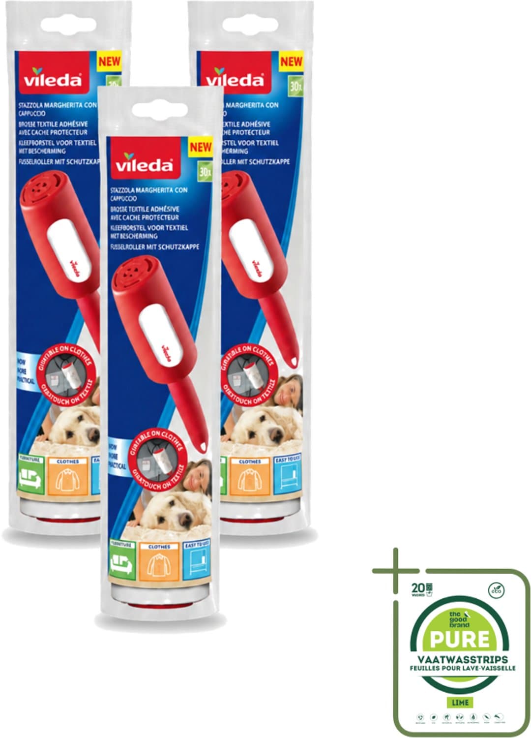 3 x Vileda - Lintroller - Pluisverwijderaar - Inclusief Beschermkap - 30 Vellen - Grootverpakking - Vaatwasstrips - Pluisverwijderaar - Pluisjes Verwijderen - Stofdeeltjes Verwijderen - Haren Verwijderen - Textiel Reinigen