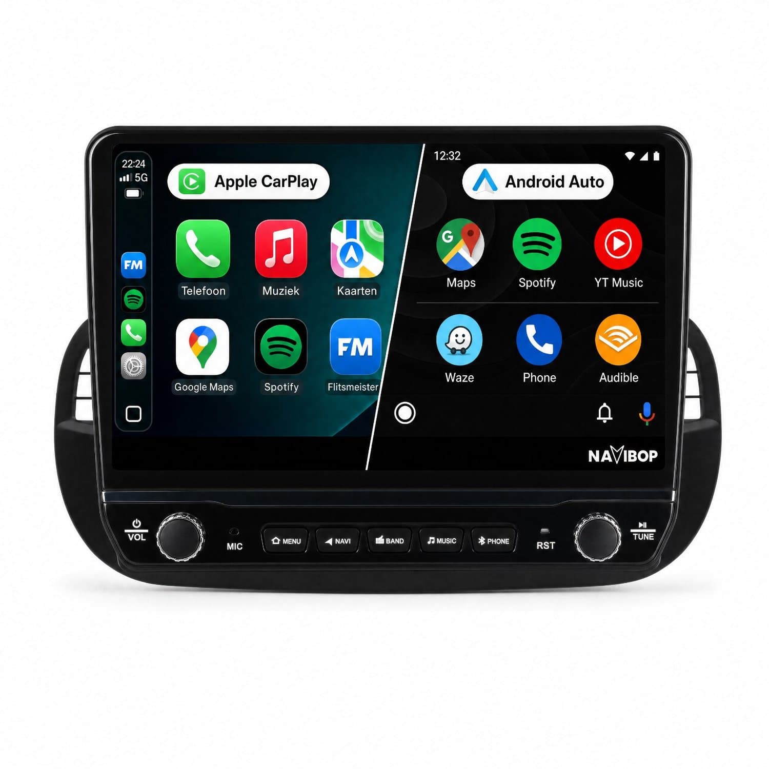Navibop Autoradio geschikt voor Fiat 500 2007 t/m 2015 - Draadloos Apple CarPlay & Android Auto - 9 inch touchscreen - Android 15 - 2GB/64GB - Navigatie - Bluetooth - DAB+ ready - 2 din - 2007 2008 2009 2010 2011 2012 2013 2014 2015