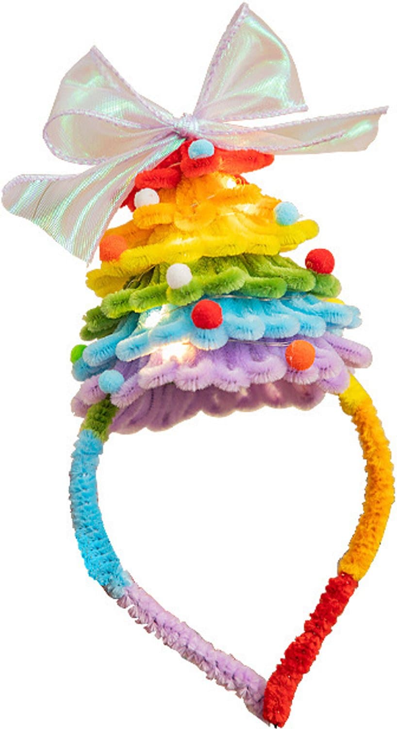 DIY kerstdiadeem knutselpakket - Kerstboom van chenilledraad in regenboogkleuren - Met lichtsnoer en batterijen - Versierd met strik en pompons - Materialen om zelf een feestelijke haarband te maken voor Kerstmis