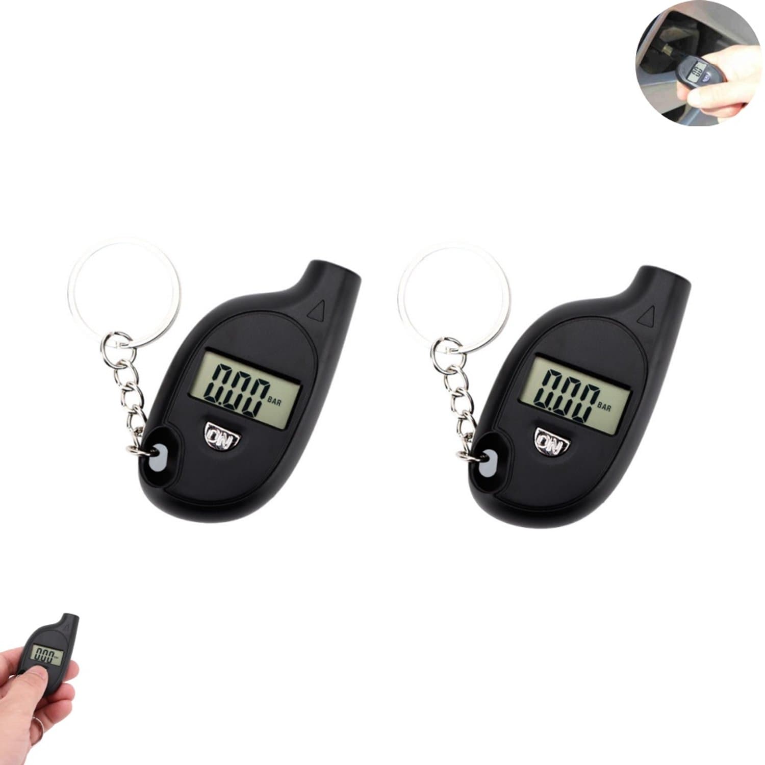 2 stuks - digitale bandenspanningsmeter - Bandenspanningsmeter met sleutelhanger - Zwarte LCD digitale bandenspanningsmeter - Mini bandenspanningsmonitor - Draagbare bandenspanningsmeter - Geschikt voor auto's, motoren en fietsen (zwart)