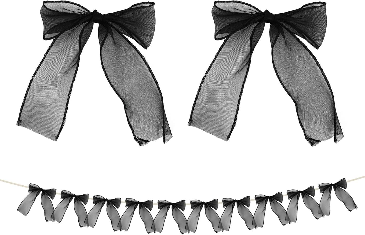 BOXOB 12Pc Black Ribbon Bow Garland Banner, Cool Mesh Girls Bowknot Birthday Party Decorations with Hemp Rope and Needle Garland Decorations for Birth