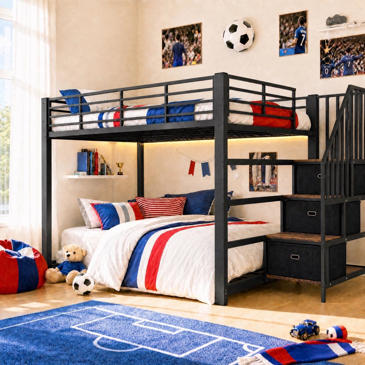 PHOEBE CAT Stapelbed - 140 x 200 cm - Metalen bed - Opbergruimte - LED-verlichting - Stopcontact - Kinderbed - Zwart