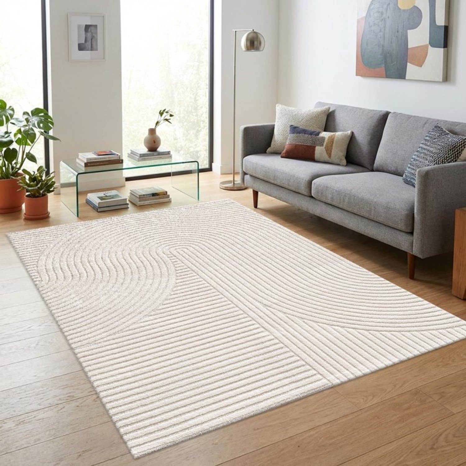 TapisTrend Designer tapijt Crème 200x290 cm Modern vloerkleed met grote, in elkaar verweven bogen en reliëflijnen voor de woonkamer
