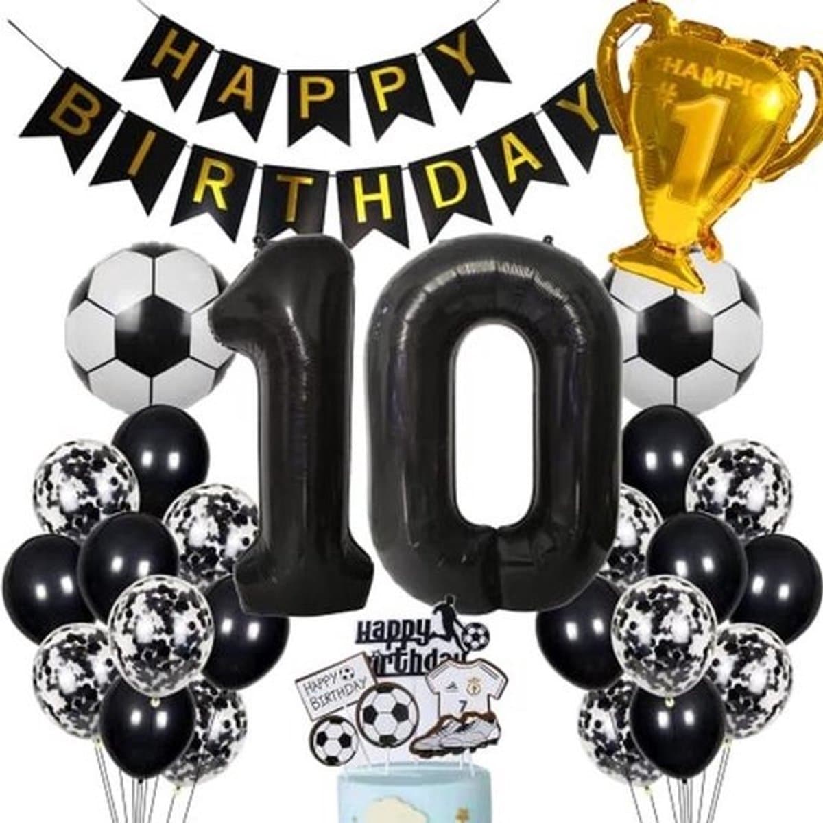Voetbal Taarttopper voor 10e Verjaardag - Zwarte Helium Ballon Decoratie voor Kinderen
