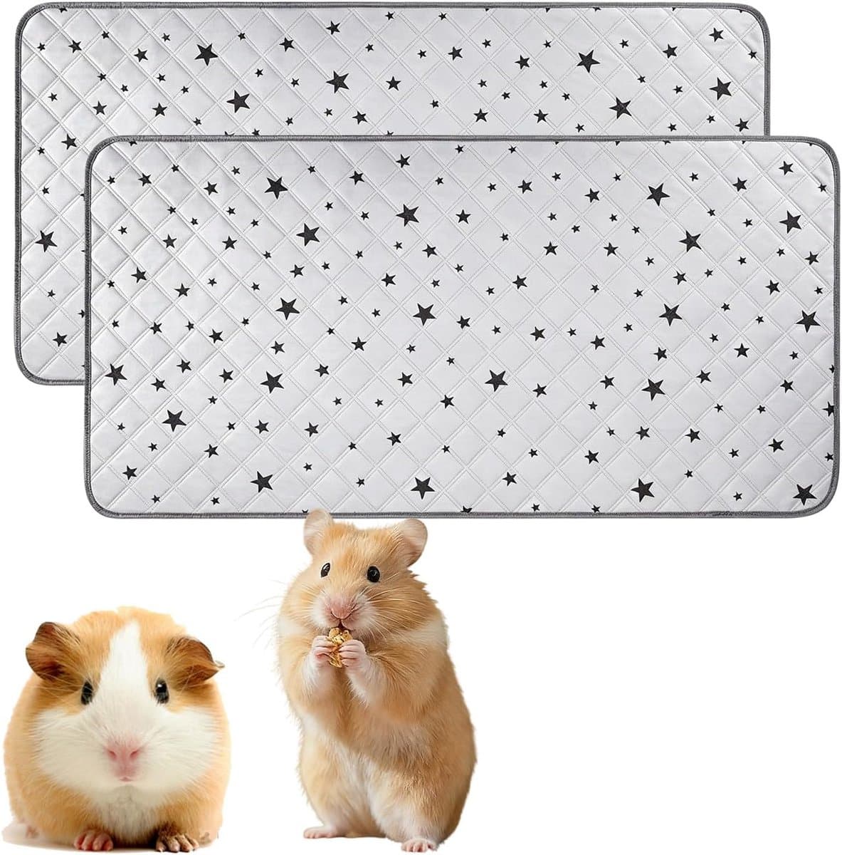Pipipads voor cavia's, 120 x 60 cm, 2 x Pipimat, wasbaar, 4 lagen, absorberende onderlaag, antislip, herbruikbare matten voor kleine dieren, hamsters, konijnen, puppy's, kooi, auto, grijs/ster