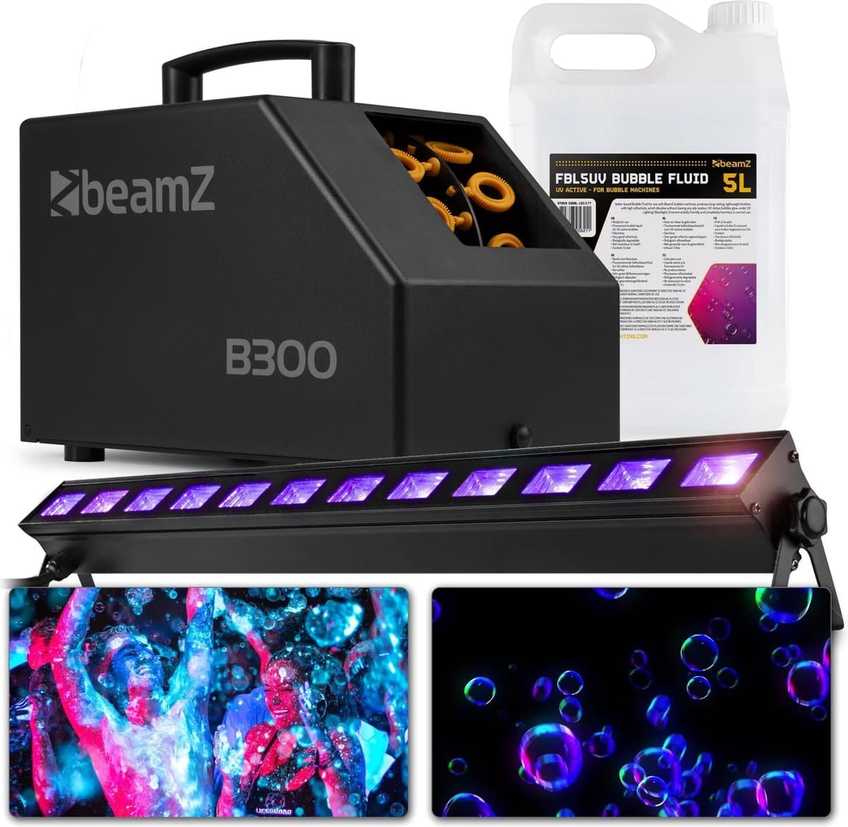 Neon party pakket - BeamZ blacklight, bellenblaasmachine en UV bellenblaasvloeistof