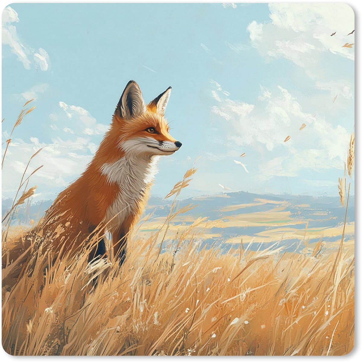 Muismat XXL 60x60 cm - Bureau onderlegger - Bureau mat Vos - Gras - Wolken - Oranje - Bureaumat - Gaming mousepad xl - Bureaulegger groot - Computer deskmat
