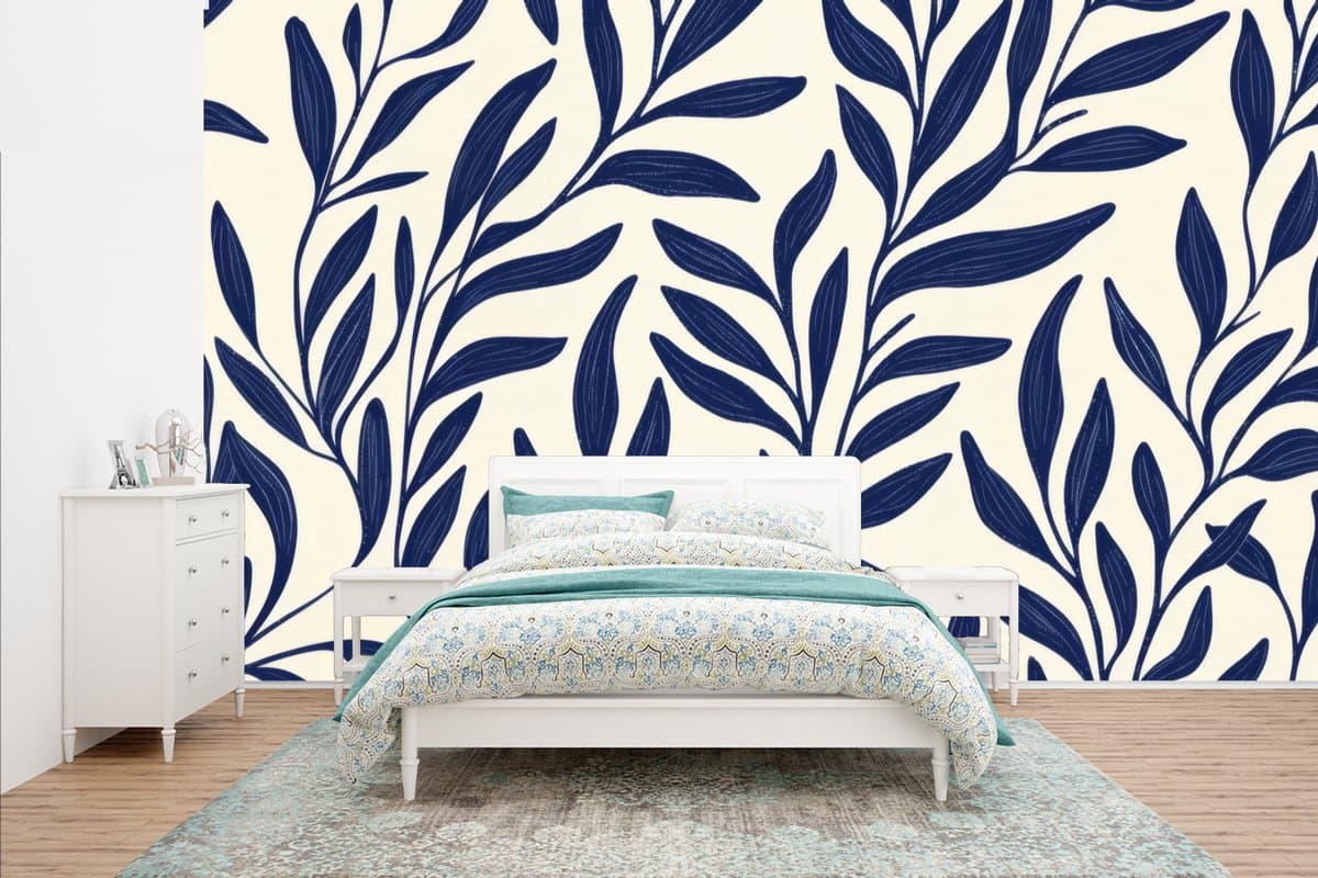 Behang - Fotobehang Bladeren - Klimop - Donkerblauw - Breedte 400 cm x hoogte 240 cm