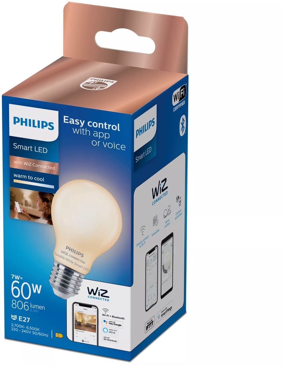 Philips Smart Lighting - Lamp - Slimme LED-Verlichting - Warm- tot Koelwit Licht - E27 - 60W - Mat - Wi-Fi
