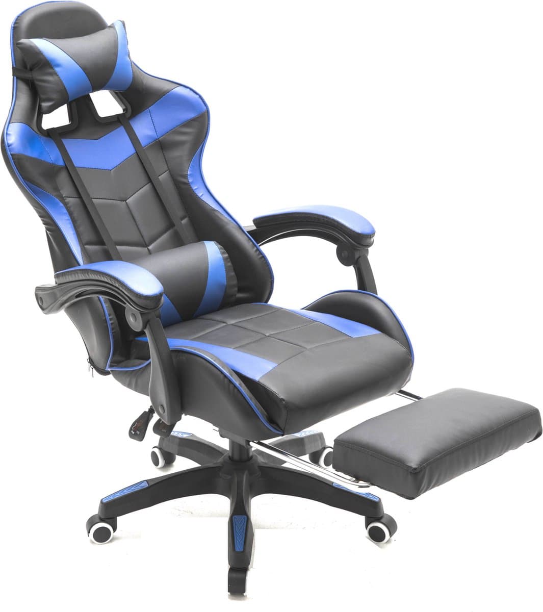 VDD Gaming - Gamestoel - Gamestoel met Voetsteun - Gamestoel Zwart - Gaming stoel - Bureaustoel gaming - Ergonomische Bureaustoel - Met Nekkussen & Verstelbaar Rugkussen - Met Voetsteun -Silicone Game Stoel - Draaistoel - Zwart & Blauw