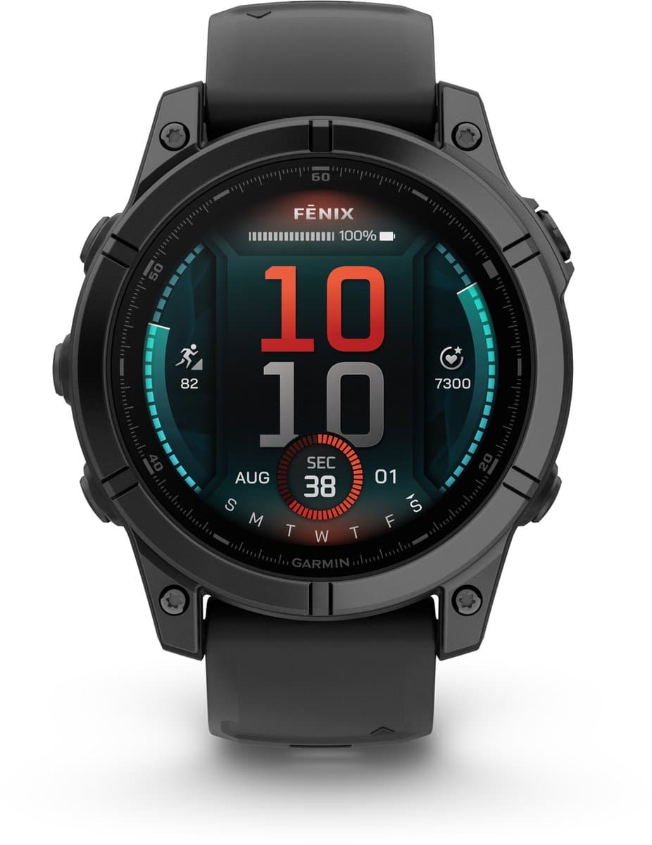 GARMIN fenix E - 47 mm, AMOLED, leigrijs staal, zwart siliconen band