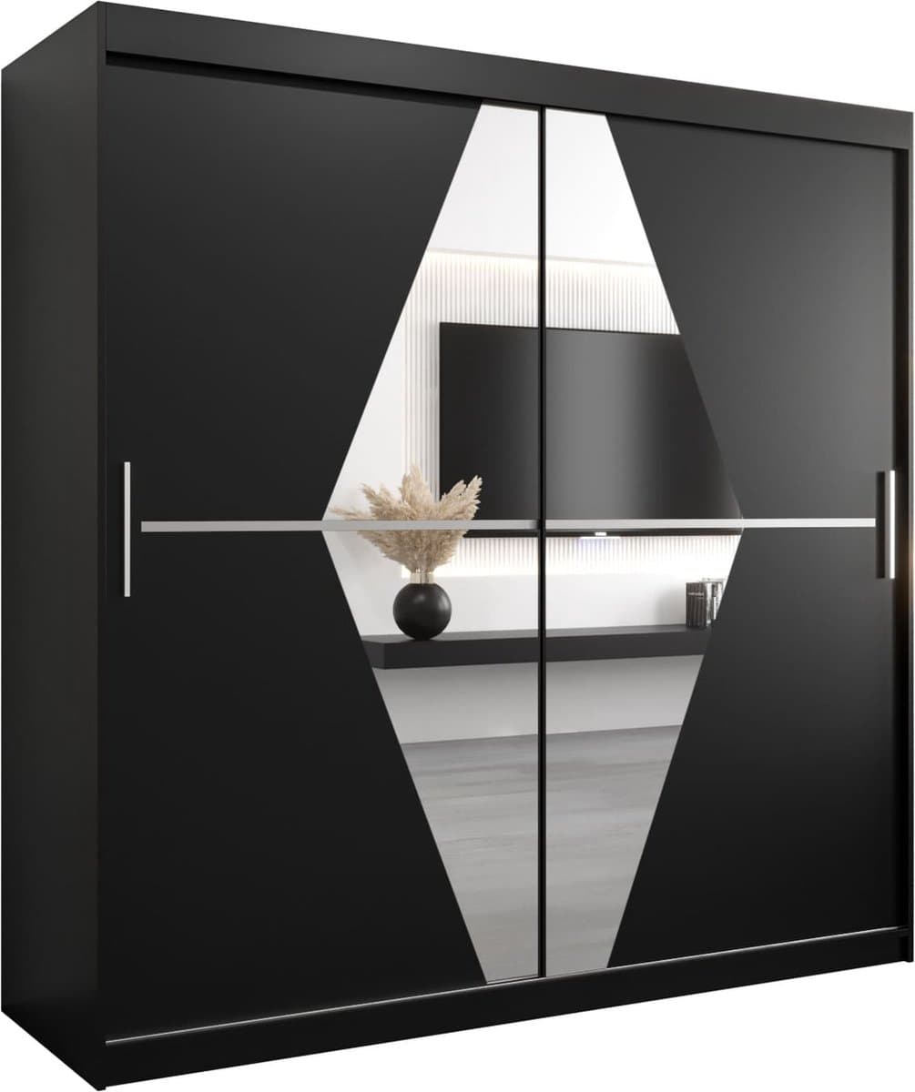 InspireMe - Kledingkast met 2 schuifdeuren, Modern-stijl, Een kledingkast met planken en een spiegel (BxHxD): 200x200x62 - BOLA 200 Zwart Mat met 4 lades