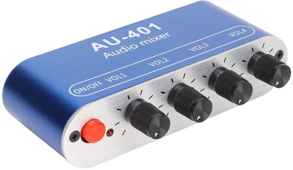 Mini Audio Mixer, 4 Kanaals Line Mixer met 3.5mm Stereo Jack, 4 Ingangen 1 Stereo Uitgang en Volume Controle, DC 5V-12V Stereo Mixer voor PC, Telefoon, Laptop, Hoofdtelefoons, Kleine Clubs of Bars