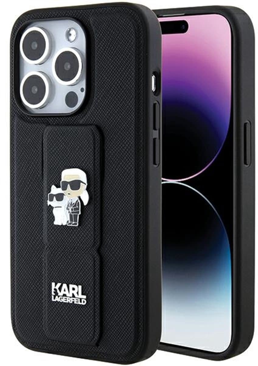 Karl - Lagerfeld - Gripstand Saffiano Karl&Choupette Pins hoesje voor iPhone - 15 - Pro - Max - zwart