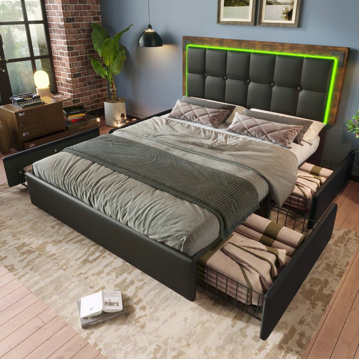 VVBV Gestoffeerd Opbergbed 140x200 cm - 4 Lades, Verstelbaar Hoofdbord, LED-Verlichting - PU-leer Zwart - Zonder Matras