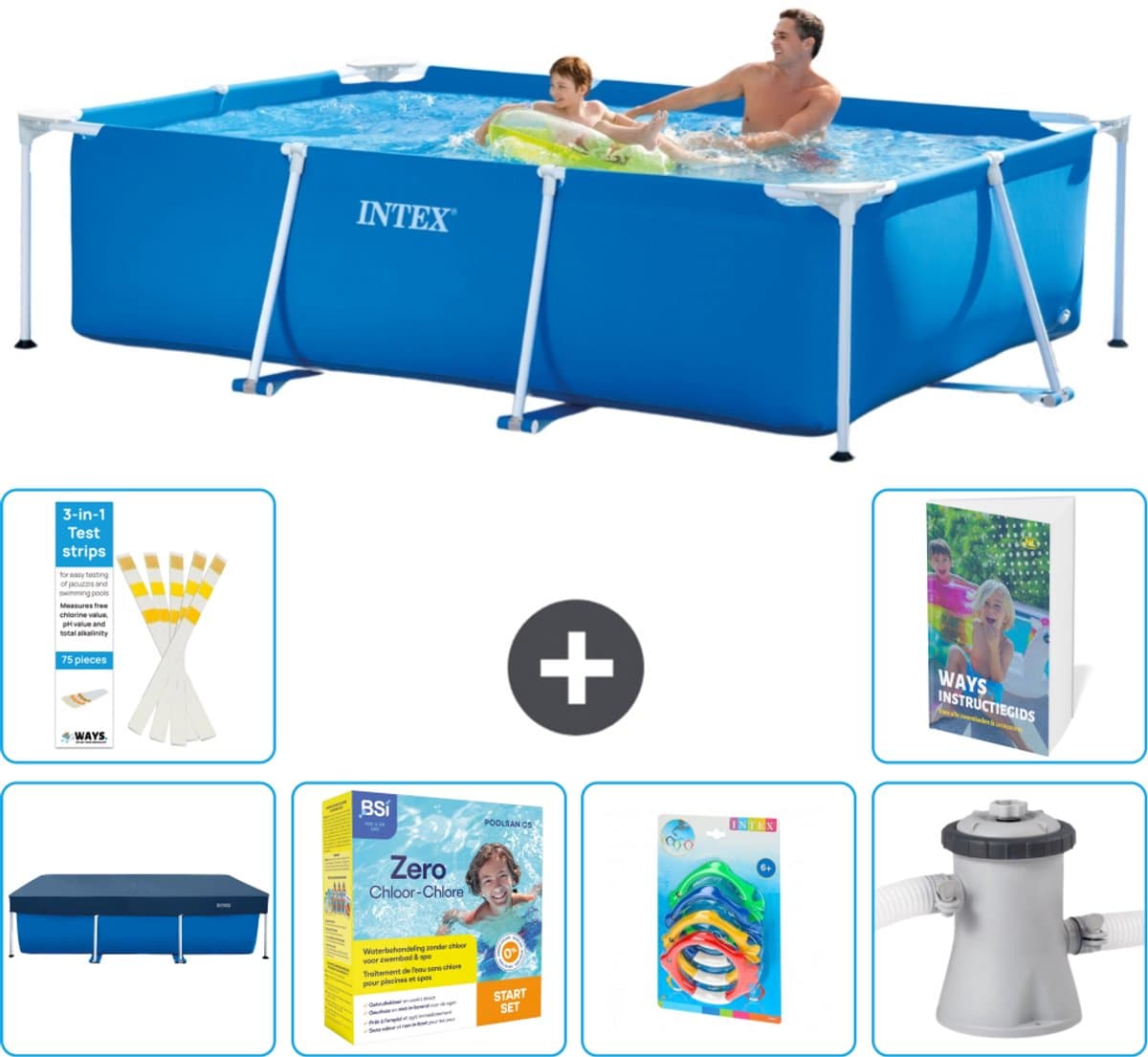 Intex Rechthoekig Frame Zwembad - 260 x 160 x 65 cm - Blauw - Inclusief Afdekzeil - Onderhoudspakket - Speelgoed - Zwembadfilterpomp - 7-delig
