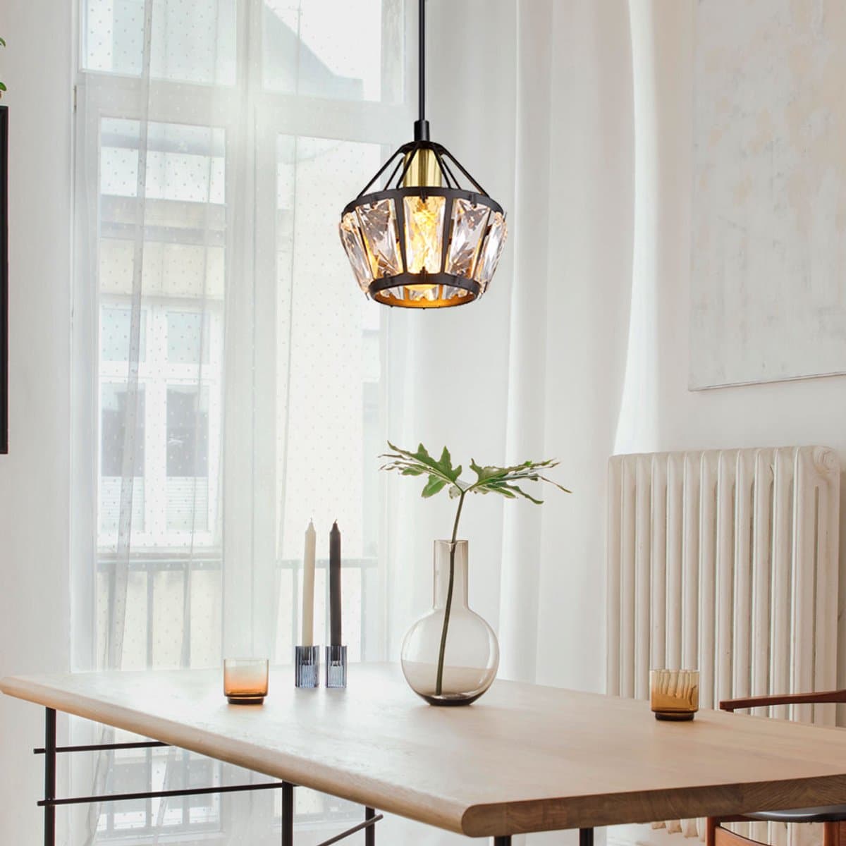 Hanglamp hanglamp woonkamer glazen kristallen hanglamp eettafel, metaal zwart messing, 1x E27 fitting, DxH 12,5x150 cm