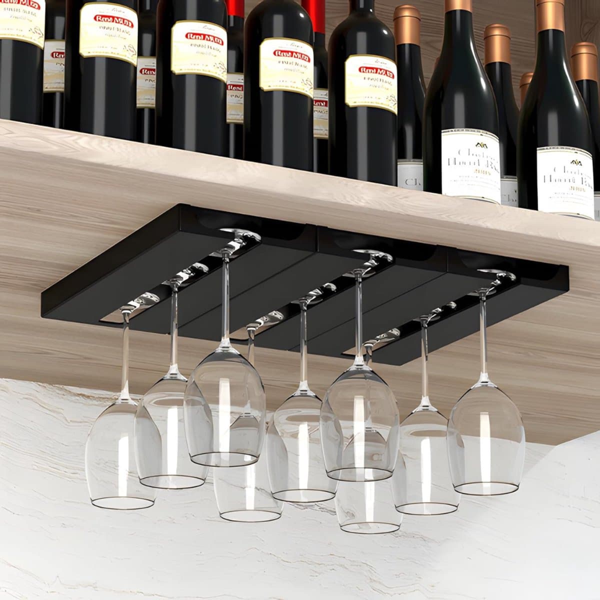 YOR® Ophangrek Wijnglazen - Wijnglazenhouder – Metalen Wijnglazenrek – Glazenrek Met 3 rijen - Wijnglashouder – Organizer - Stijlvol – Bar, Keuken & Cafe - Hangend - Zwart - 26cm x 11cm x 2cm