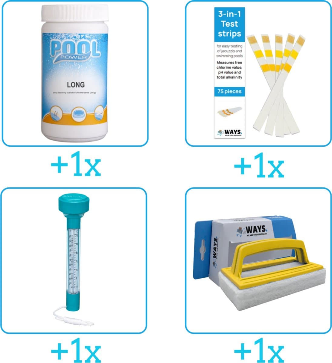 Zwembad Onderhoudspakket - Onderhoud Zwembad - bevat Chloor - Testrips - Thermometer en Scrubborstel (4-delig)
