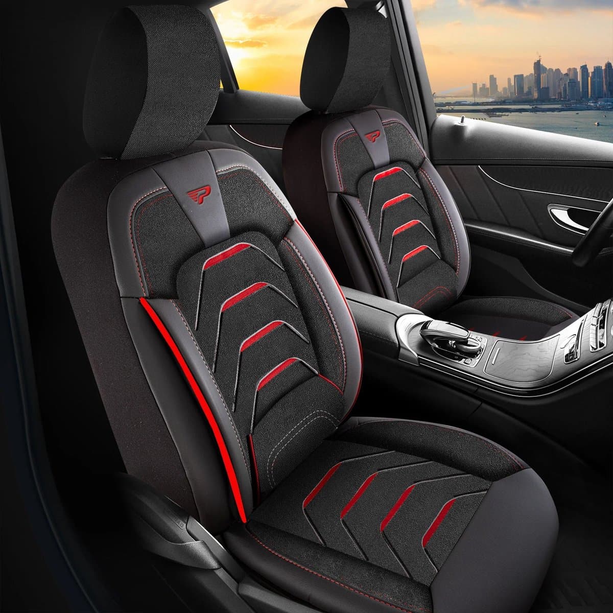 Stoelhoezen Rover Tourer 1995-1999 – Bodrum Zwart/Rood – Jacquard stof met skai leer – Complete interieurset – comfortabele autostoelhoezen – slijtvast – eenvoudig te monteren
