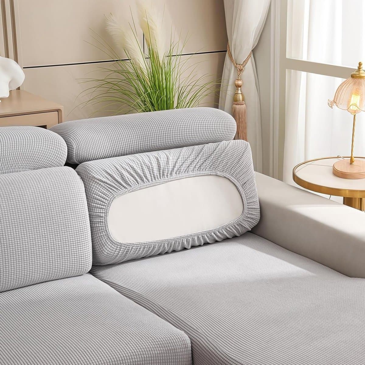 Verstelbare Hoezen voor Caravanstoelen, Zitkussenhoezen met 2 Straps, Bescherming voor Meubels, Beige, Geschikt voor Kussens van 45-65 cm Breed en 45-65 cm Diep