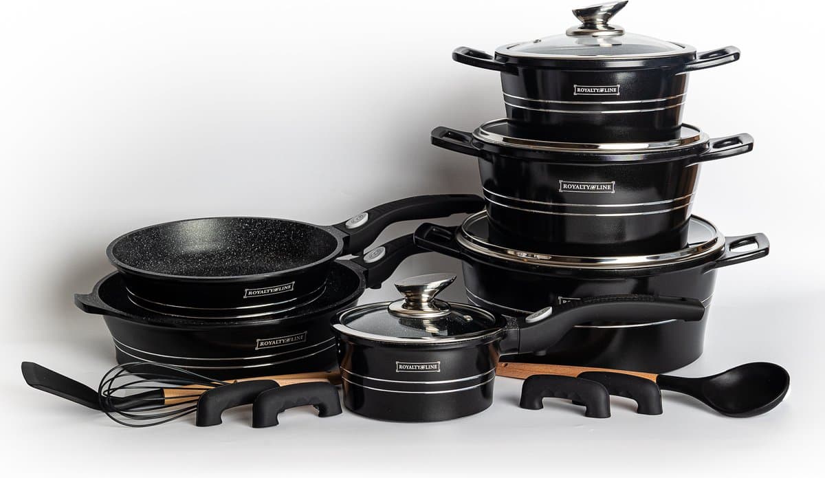Royalty Line Inductie Pannenset - Luxe 14-delige Pannenset Marmeren Coating - Pannen Met Afneembare Handvaten - Oven-Ready - PFAS-Vrij - Voor Alle Warmtebronnen - Afneembare Koudgrepen - Antiaanbaklaag - Koekenpan Met Glazen Deksels - Zwart