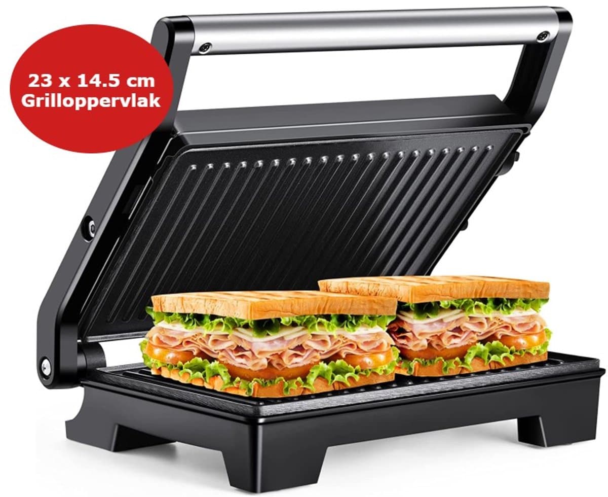 Royalty Line® PM1000 Tosti Apparaat Voor 2 Tosti's - 23 x 14.5 cm Grilloppervlak - Uitklapbaar - Contactgrill - 1000W - Panini - Grill Ijzer Met Antiaanbaklaag - Tosti Ijzer - Croque Monsieur Toestel - Zwart