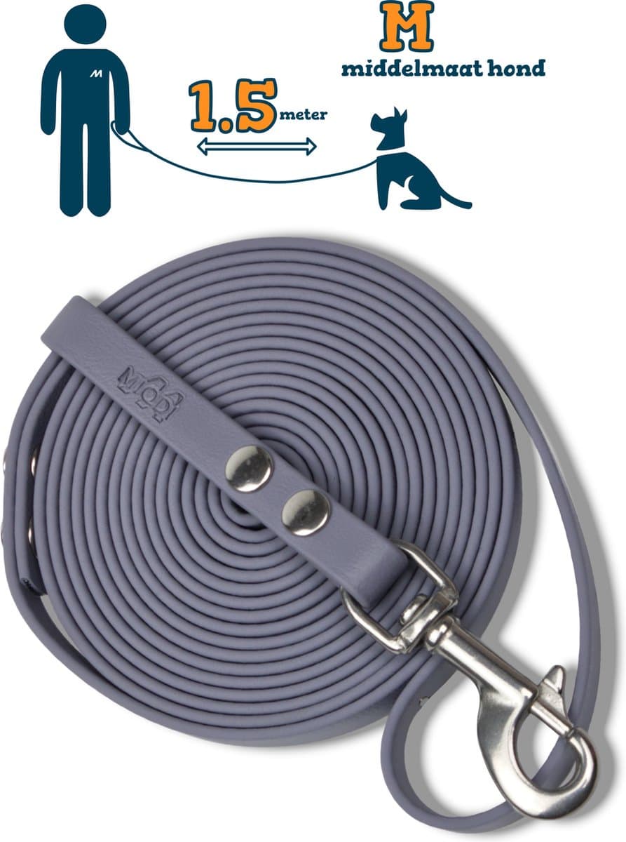 Miqdi hondenriem - BioThane® – grijs – 1.5 meter lang – 13mm breed – M – middelmaat hond