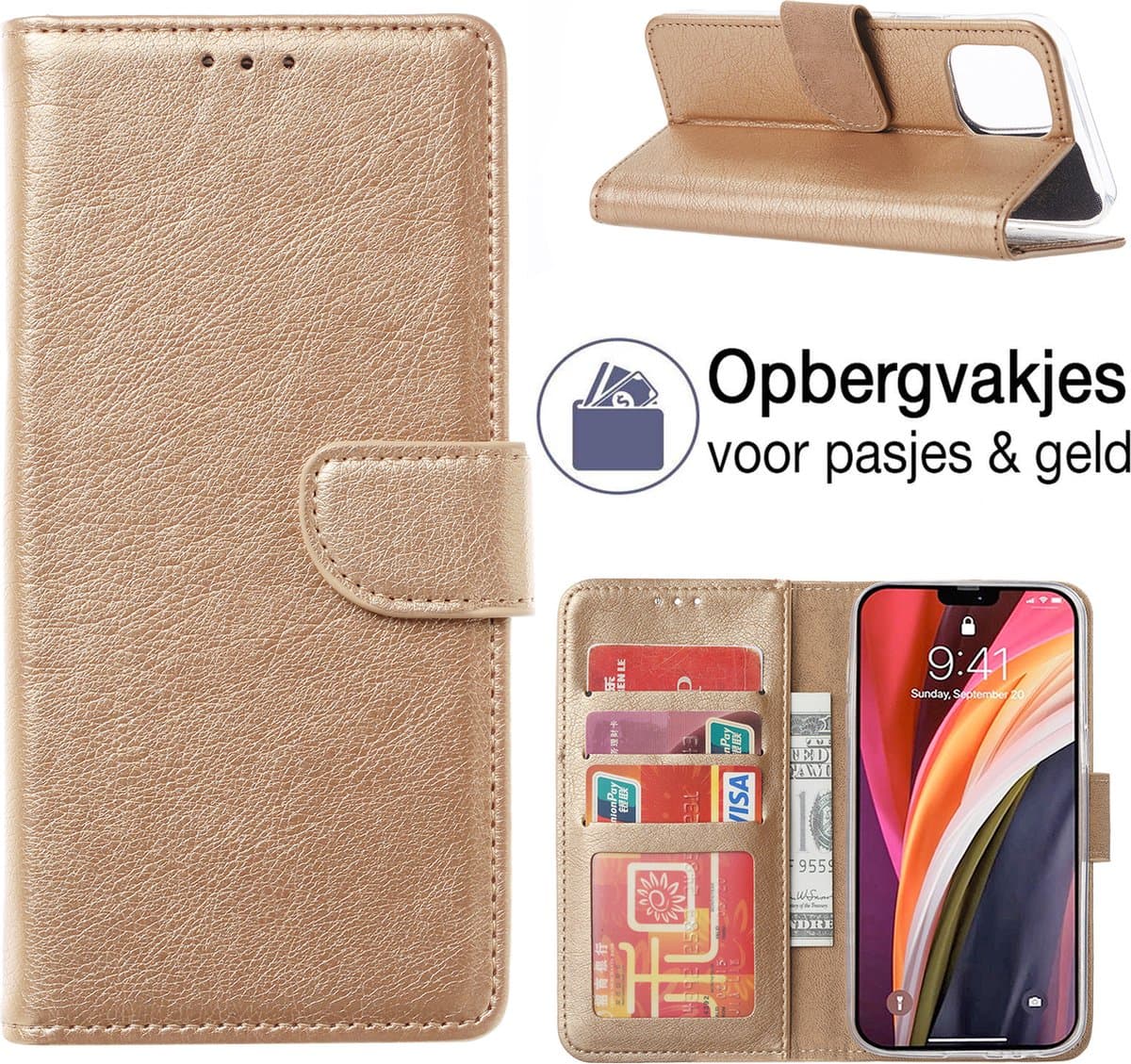 Hoesje geschikt voor iPhone 15 Book Case - Portemonnee hoesje - PU Lederen bookstyle hoes - Hoesje geschikt voor iPhone 15 wallet case - Goud - EPICMOBILE