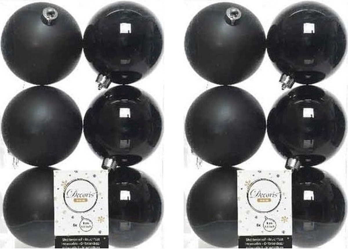 Decoris kerstballen - 12x st - zwart - 8 cm - kunststof - mat en glans - kerstversiering