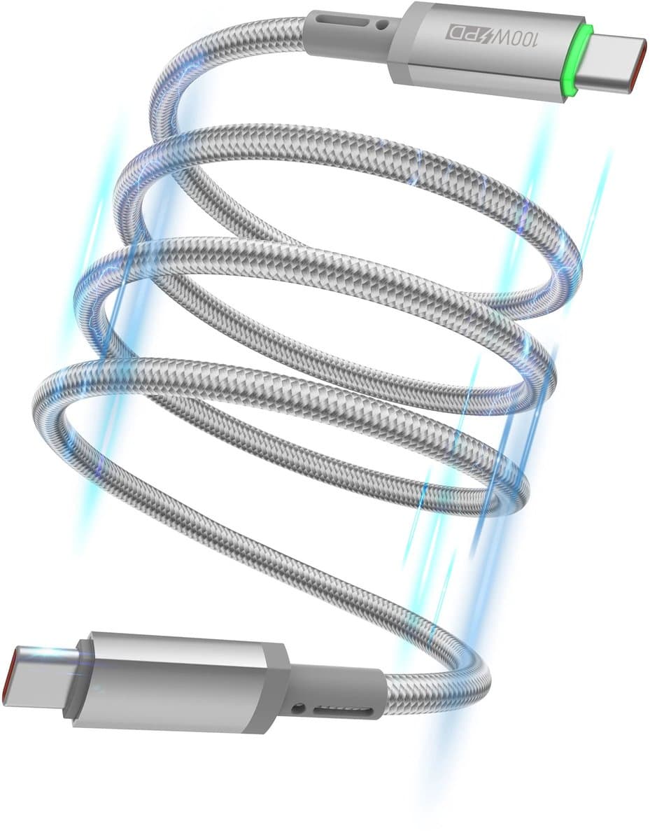 WiWU USB-C kabel 100W – Snellaadkabel & datakabel – Magnetisch oprolbaar – Grijs