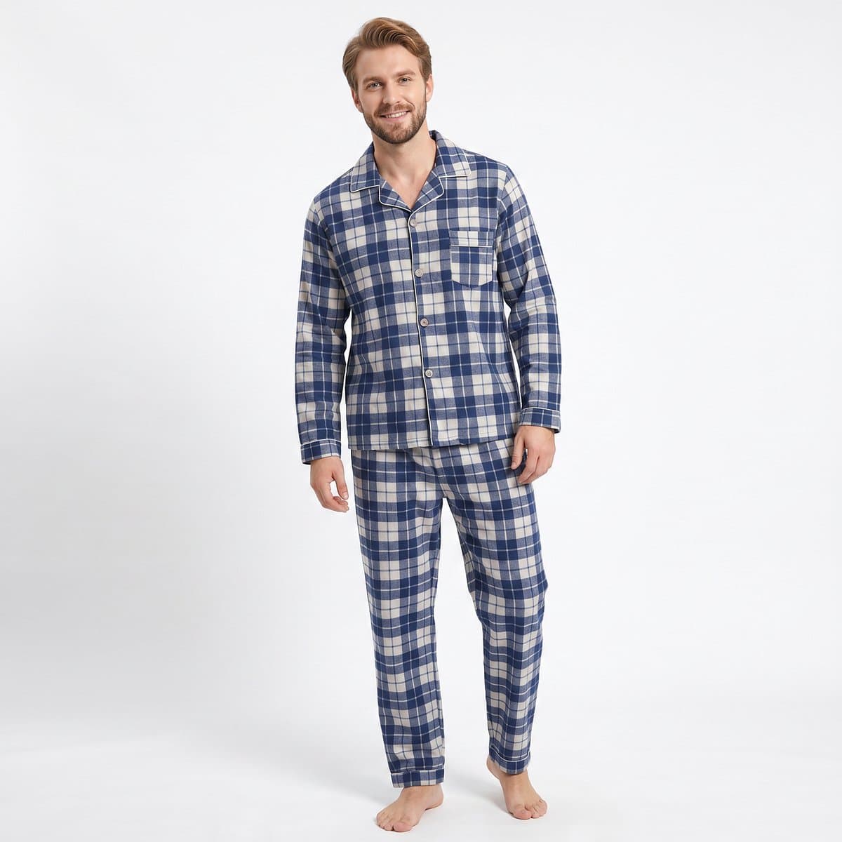 Heren Geruite Doorknoop Pyjama Lange Mouw Lange Broek - Grote Ruitjes - Katoen - Donkergrijs - Maat M - 2503-Grey-M