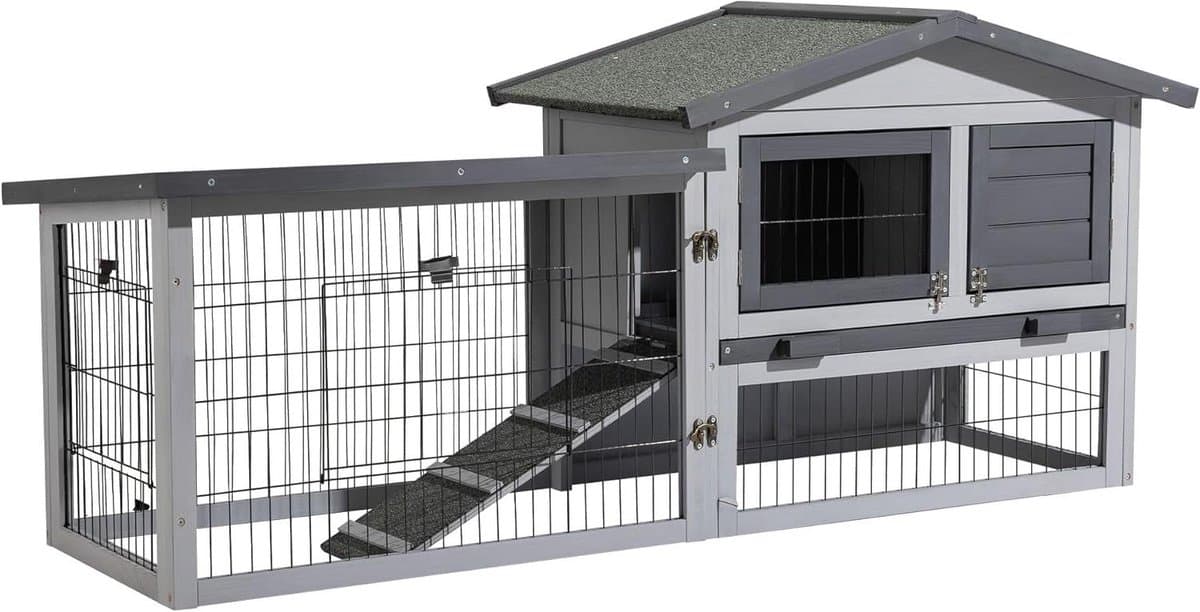 Kippenhok Met Ren - Dierenverblijf Buiten - Comfortabel Verblijf - Waterafstotend Dak - 153 x 68 cm - Lichtgrijs