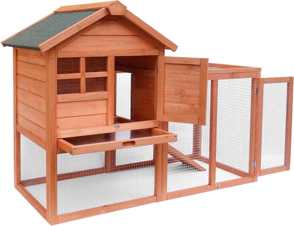 Dierenverblijf Buiten - Konijnenhok - Dieren Houden - Twee Verdiepingen - 122 x 63 x 92 cm - Bruin