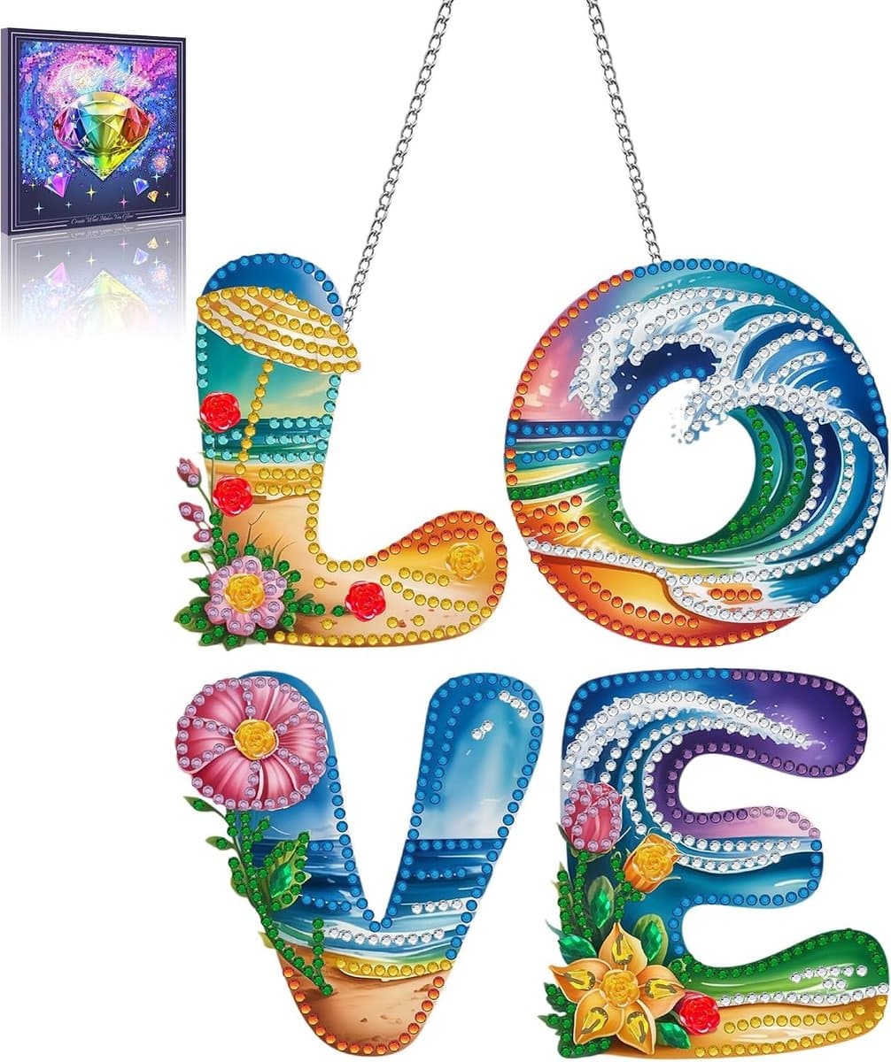 5D DIY Diamond Painting Hanger Liefde en Strand, Zonnevanger voor Entree, Deur en Tuin Decoratie met Ketting en Diamanten Schilderij