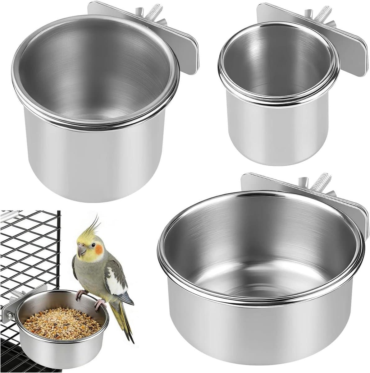Voerbakjes Vogelkooi - Voerbakjes Papegaai - Voeren en Wateren - Roestvrij Staal - 3 maten - Zilverkleurig
