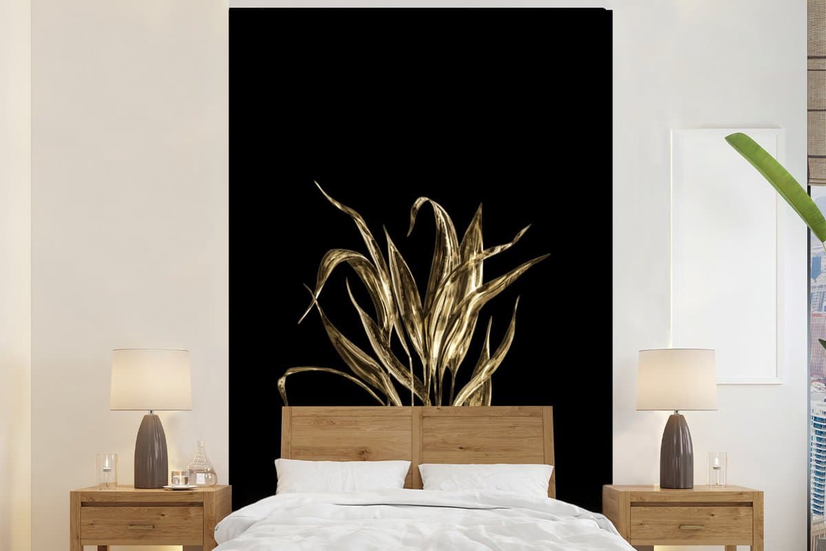 Behang - Fotobehang Bladeren - Goud - Zwart - Breedte 170 cm x hoogte 260 cm