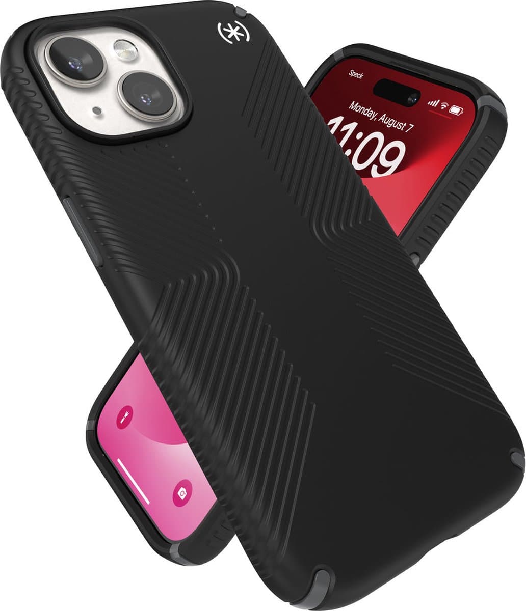 Speck hoesje geschikt voor Apple iPhone 15/14/13 Apple iPhone 16e Apple iPhone 17e - Ultieme Bescherming en Grip - Luxe Soft-touch Afwerking - Valbescherming gecertificeerd tot 4 meter - Microban Antibacterieel - Presidio2 Grip lijn - Zwart
