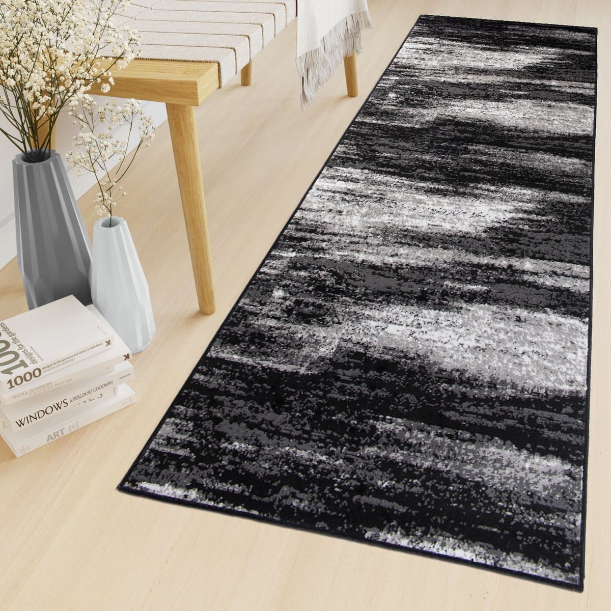 Tapiso Maya Loper Vloerkleed Zwart Grijs Donker Gang Modern Woonkamer Gang Maat- 80x600