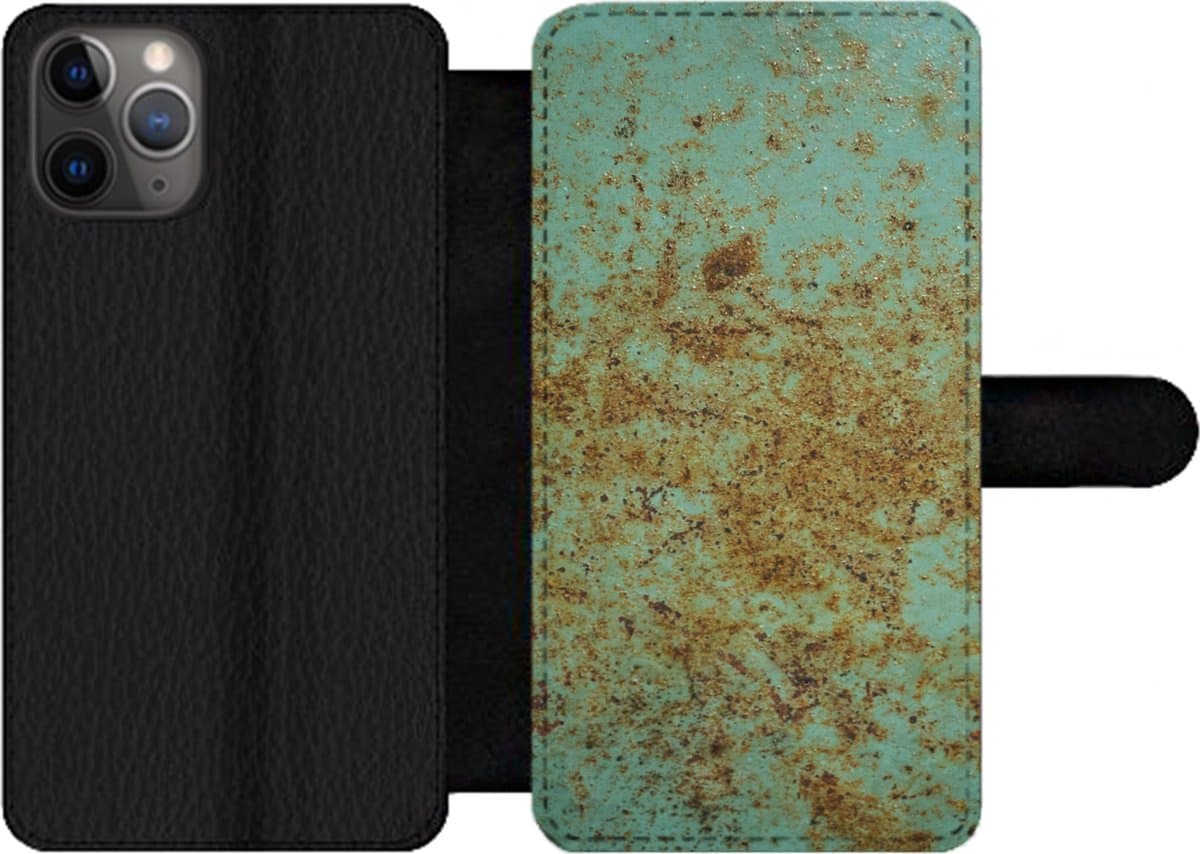 Telefoonhoesje Geschikt voor iPhone 11 Pro telefoonhoesje - Roest print - Turquoise - Metaal - Met vakjes - Wallet case met magneetsluiting