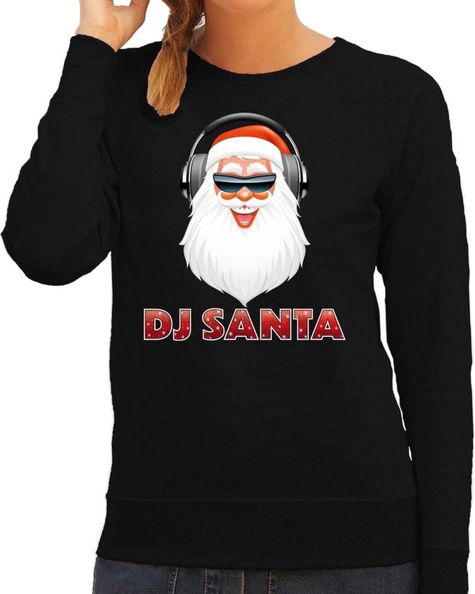 Foute kersttrui / sweater zwart DJ santa met koptelefoon techno / house / hardstyle/ r&b / dubstep voor dames - kerstkleding / christmas outfit S