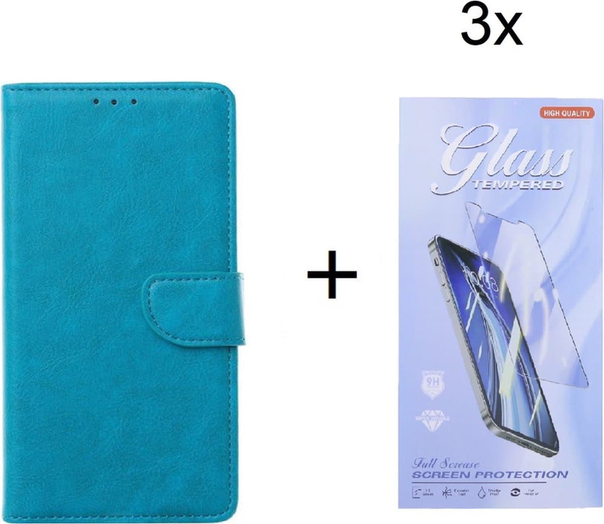 Bookcase Geschikt voor: Xiaomi 11T / 11T Pro - Turquoise - portemonee hoesje met 3 stuk Glas Screen protector
