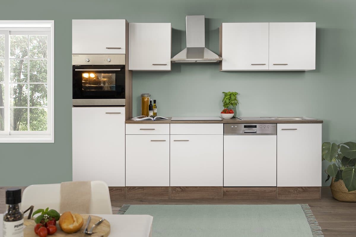Goedkope keuken 280  cm - complete keuken met apparatuur Oliver  - Donker eiken/Wit   - keramische kookplaat - vaatwasser - afzuigkap - oven    - spoelbak