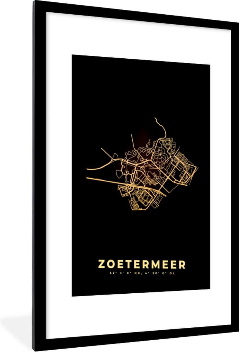 Poster in lijst - Fotolijst 60x90 cm - Posters - Zoetermeer - Stadskaart - Plattegrond - Kaart - Posterlijst zwart - Decoratie - Wanddecoratie woonkamer - Muurdecoratie slaapkamer