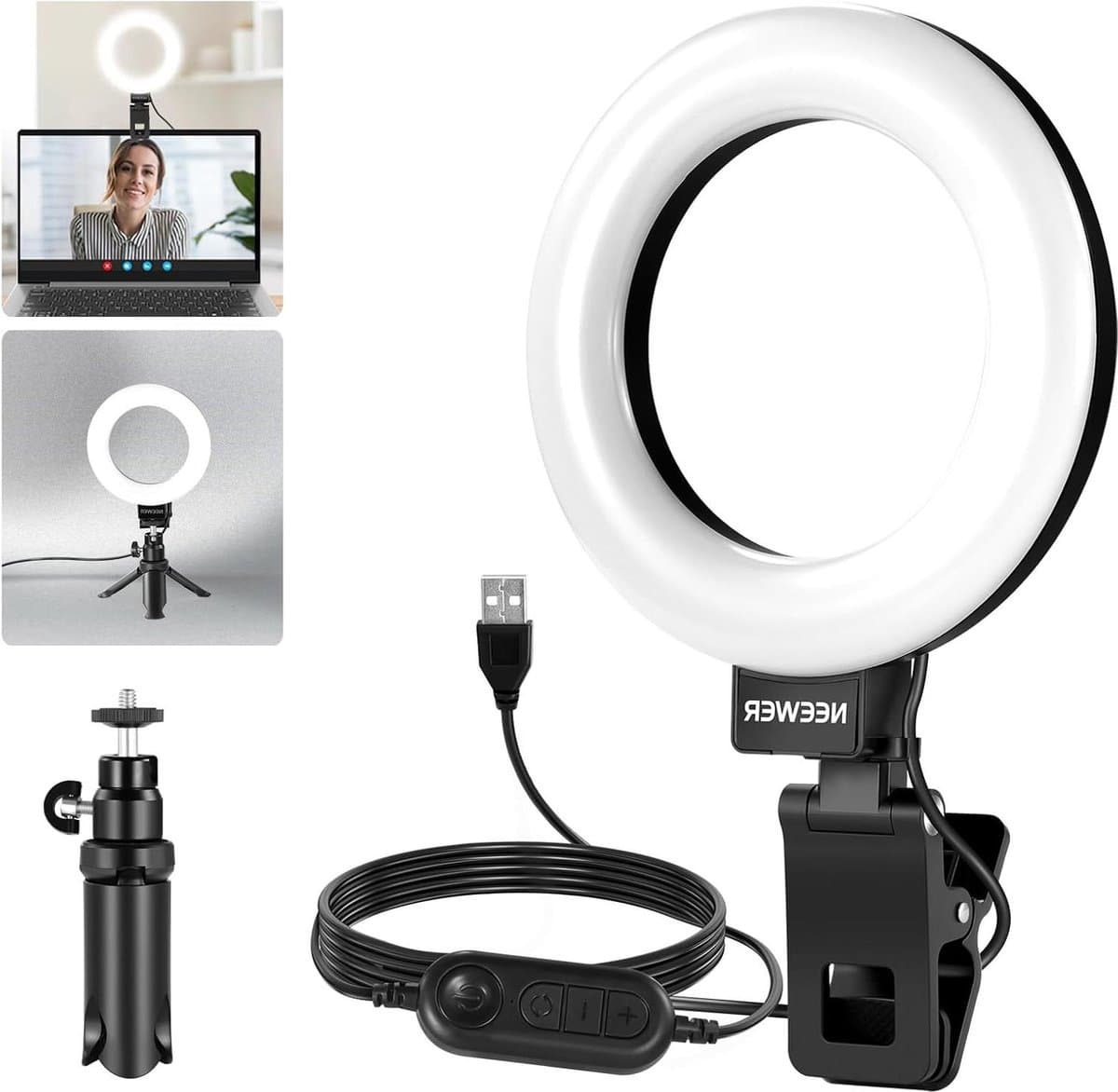 Basic Ring Light met clip en statief 10 W 3000 K-6000 K dimbaar cliplicht voor laptop computer monitor videoconferentie selfie vlog make-up streaming live video-opname BR60