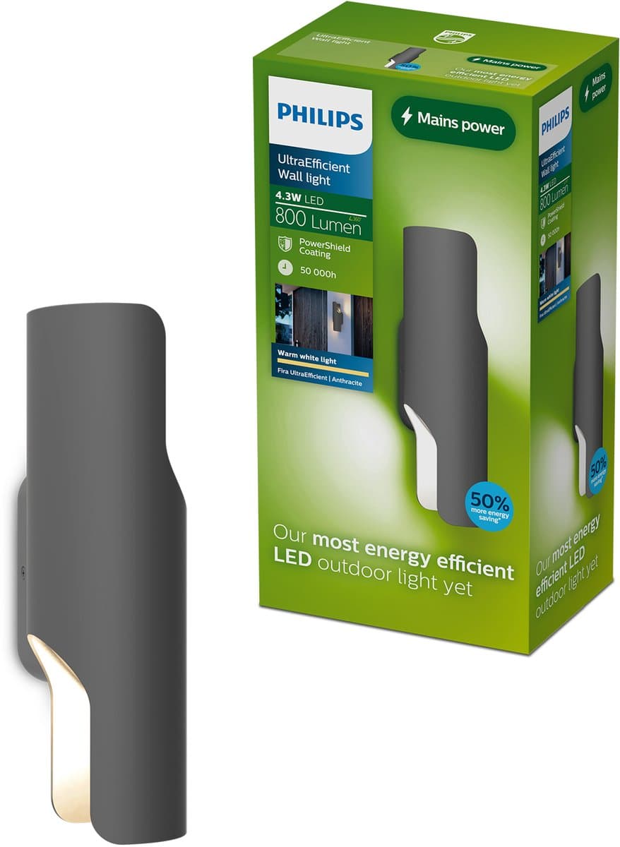 Philips Fira Wandlamp - Buitenverlichting - Schijnt in twee richtingen - Warmwit licht: 2700K - Antraciet - Aluminium - PowerShield coating - Lange levensduur