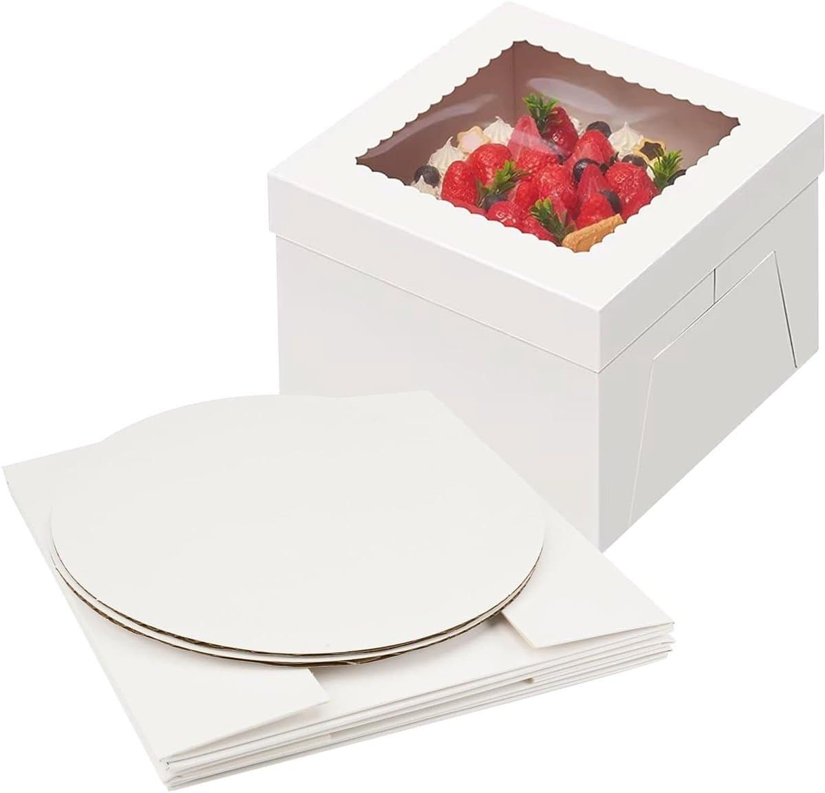 "VVGoods - Set van 2 taartdozen 20,3 cm, kartonnen transportdoos met raam en ronde cakeplanken, wit - ideaal voor verjaardagen, feesten, bruiloften"