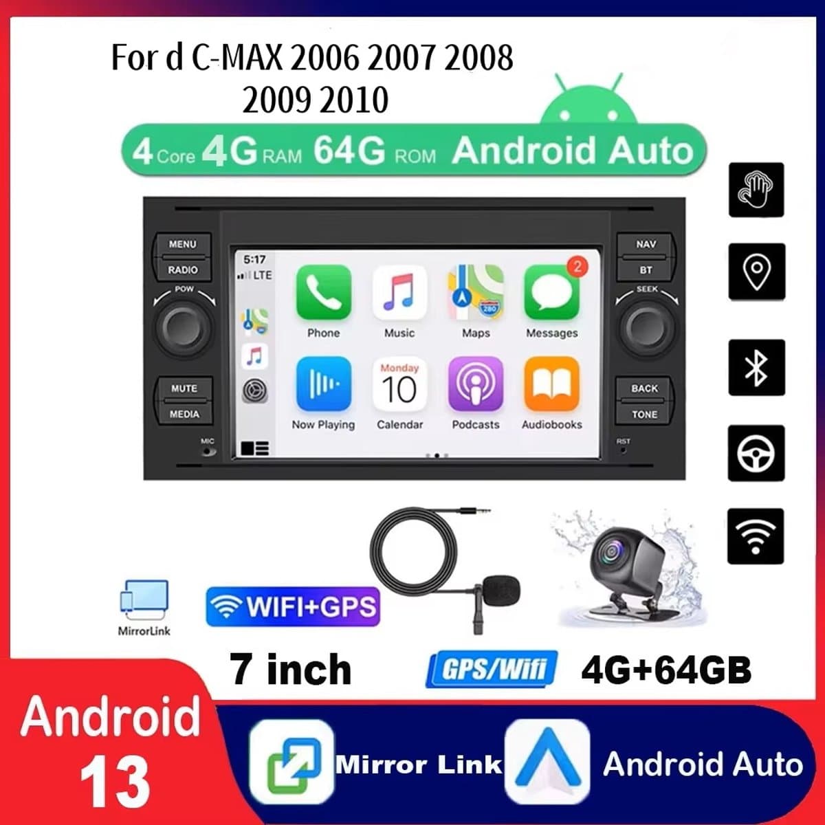 Autoradio-4+64G Android 15 autoradio voor Ford C-MAX 2006 2007 2008 2009 2010, ingebouwde draadloze CarPlay Android Auto 7-inch autoradio met GPS, wifi, Bluetooth, FM-radio, SWC, Mirror Link, gesplitst scherm + AHD-achteruitrijcamera