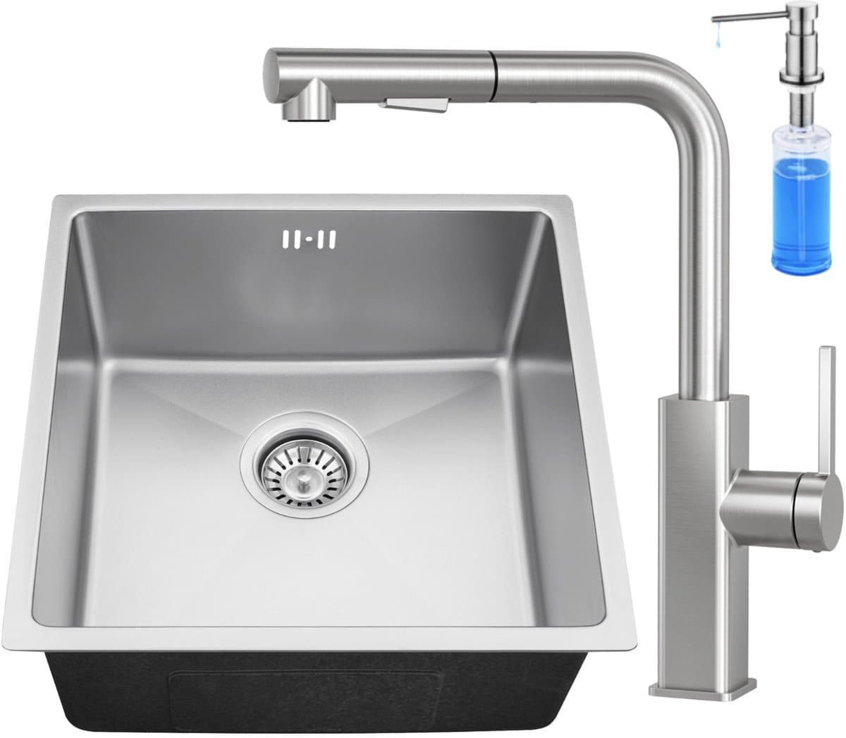 Auralum max Spoelbak RVS (44x44CM) – Spoelbak Keuken Met Keukenkraan en Zeepdispenser 300ML - Spoelbakken Keuken – Wasbak Keuken - RVS