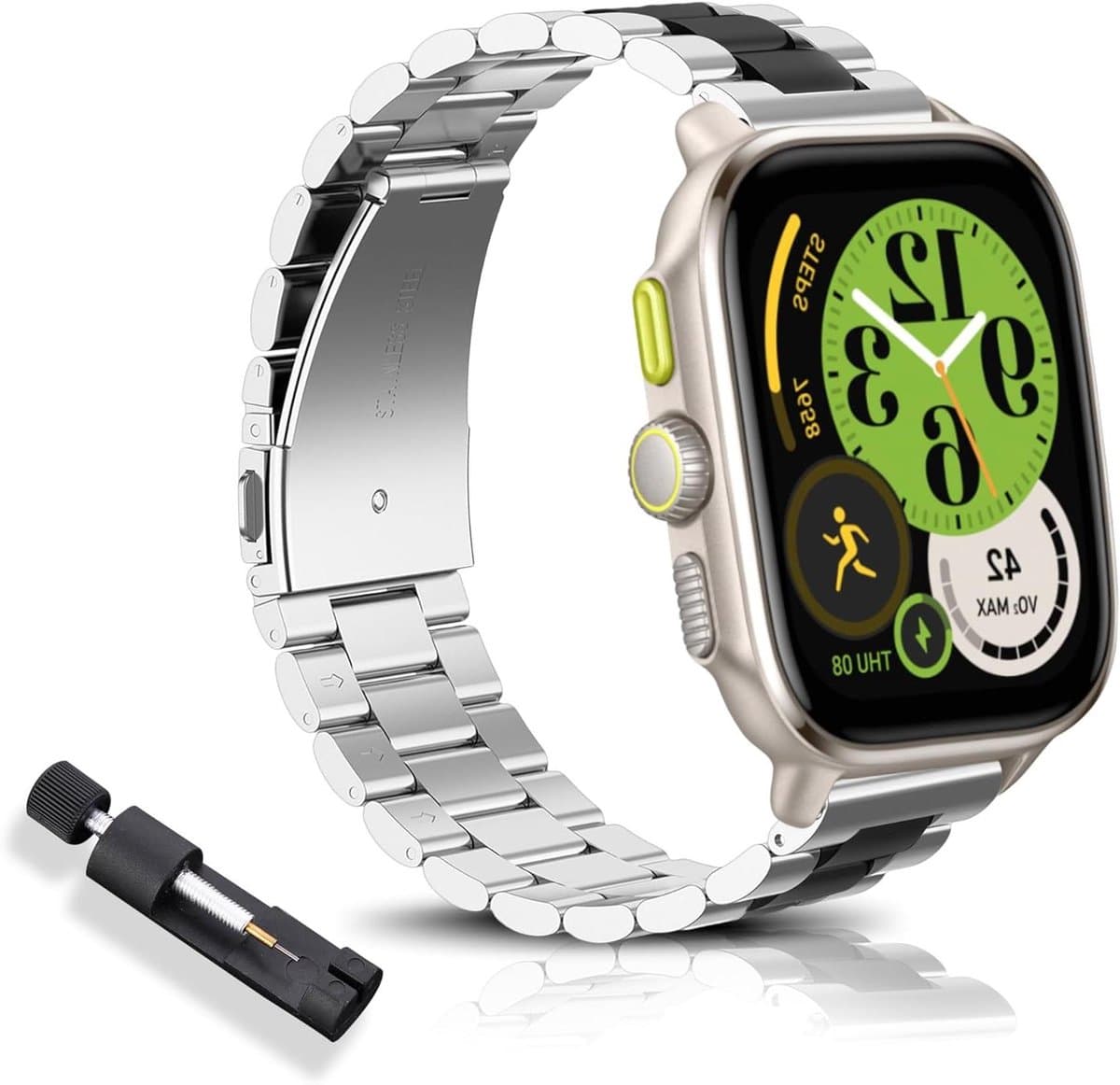 Cosensi - Reservearmband voor smartwatches, 20 mm roestvrijstalen horlogeband, geschikt voor diverse modellen, zilverzwart, gepolijst